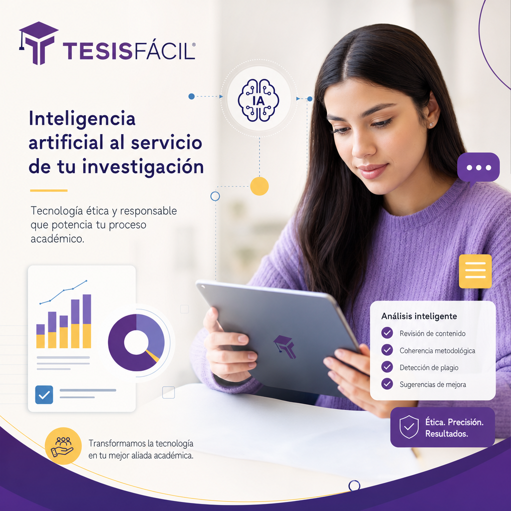 Ilustración moderna y profesional que representa el uso responsable de la inteligencia artificial en trabajos académicos, con elementos tecnológicos y educativos en tonos morado, azul y amarillo suave.