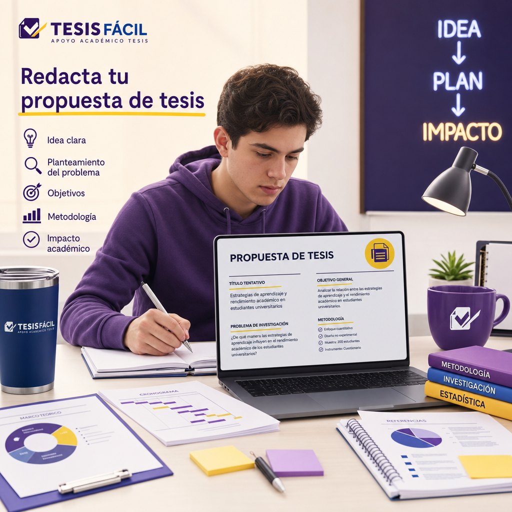 Estudiante escribiendo una propuesta de tesis en computadora, con documentos y gráficos de investigación alrededor, representando la elaboración del proyecto de grado con enfoque profesional y académico.