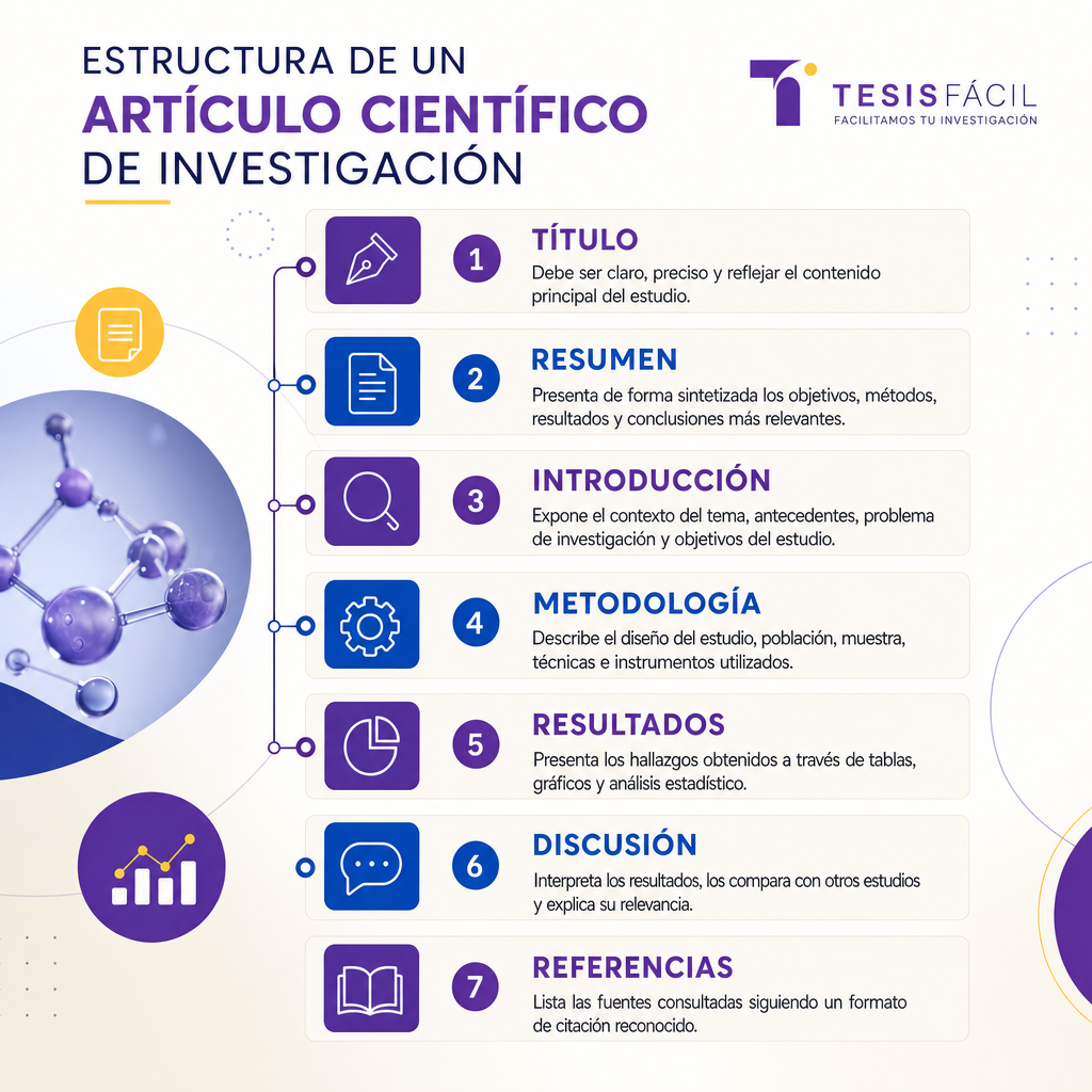 Esquema claro de la estructura de un artículo científico de investigación con elementos destacados, representando la redacción académica profesional