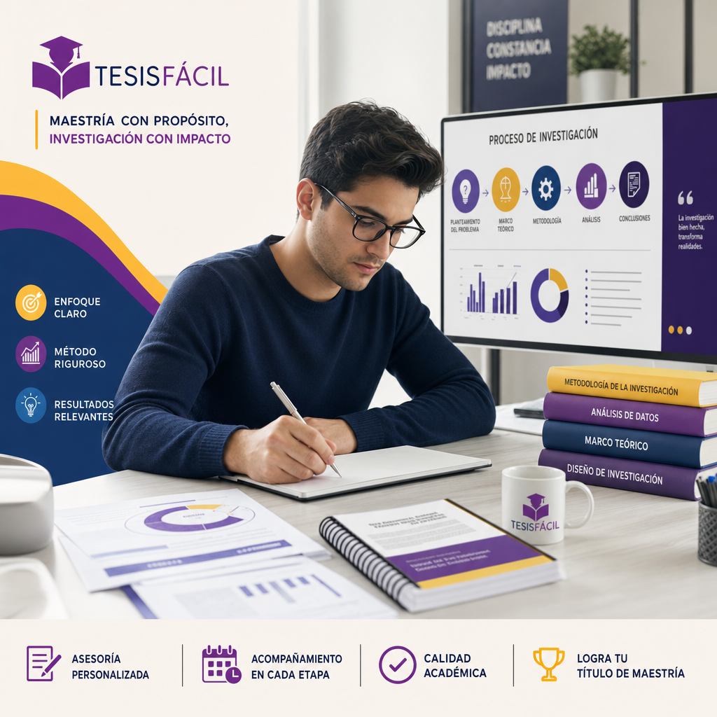 Estudiante profesional elaborando una tesis de maestría, trabajando en un entorno académico moderno con libros y gráficos, representando un estudio riguroso y ordenado.