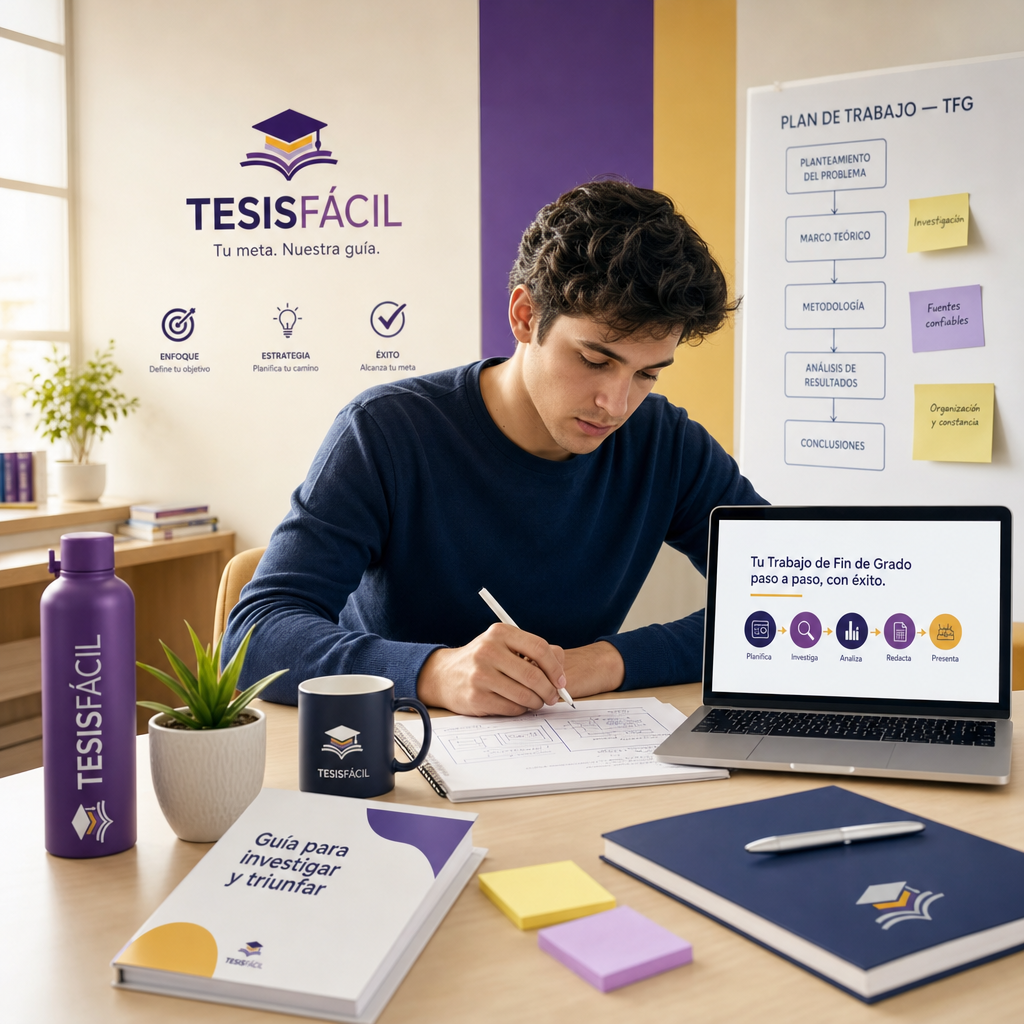 Estudiante universitario trabajando en su ordenador con material académico para elaborar un Trabajo de Fin de Grado, en un ambiente moderno y profesional que representa la planificación y dedicación necesarias para un TFG exitoso.