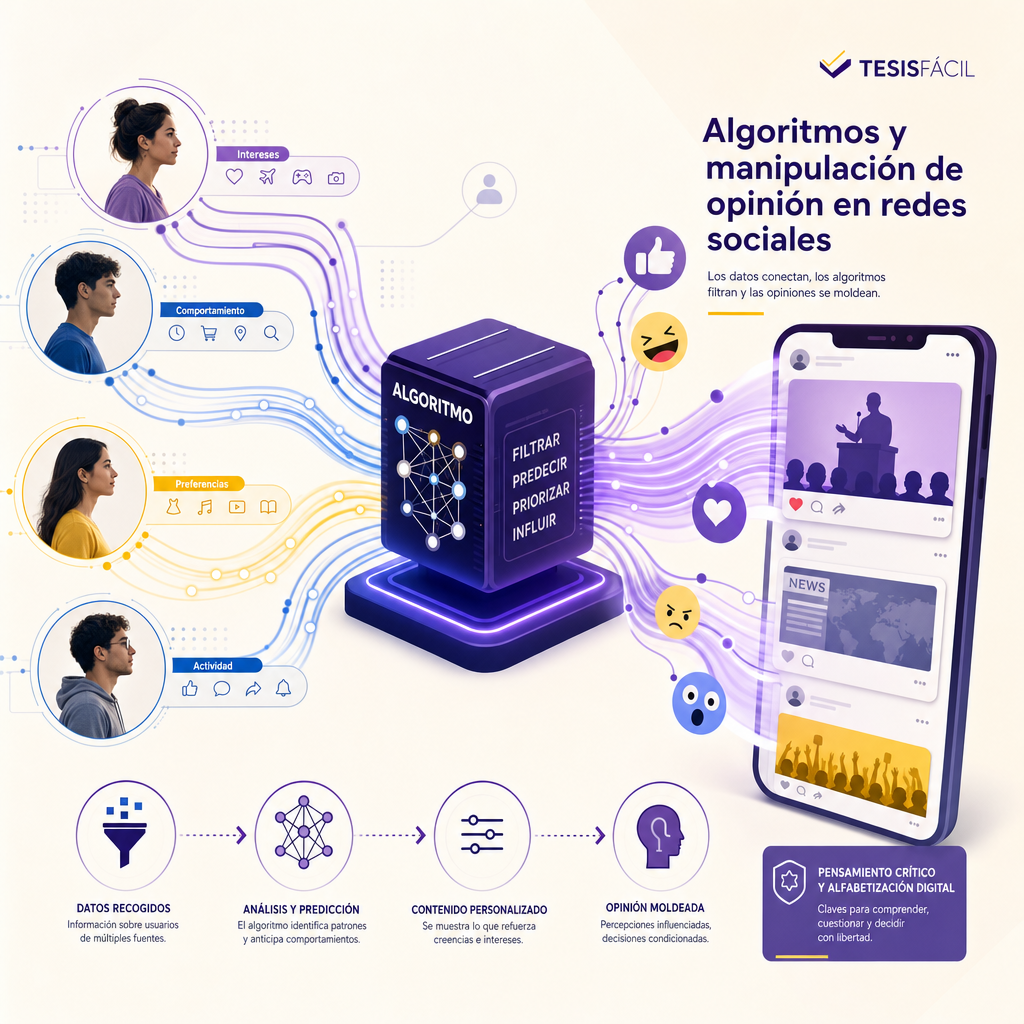 Representación visual de la manipulación de la opinión pública por inteligencia artificial en redes sociales, con algoritmos y perfiles digitales interconectados