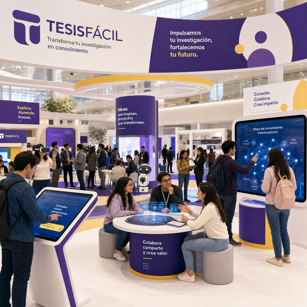 Vista panorámica de una exposición educativa moderna en SIMO Educación, con asistentes interactuando y tecnología innovadora en exhibición