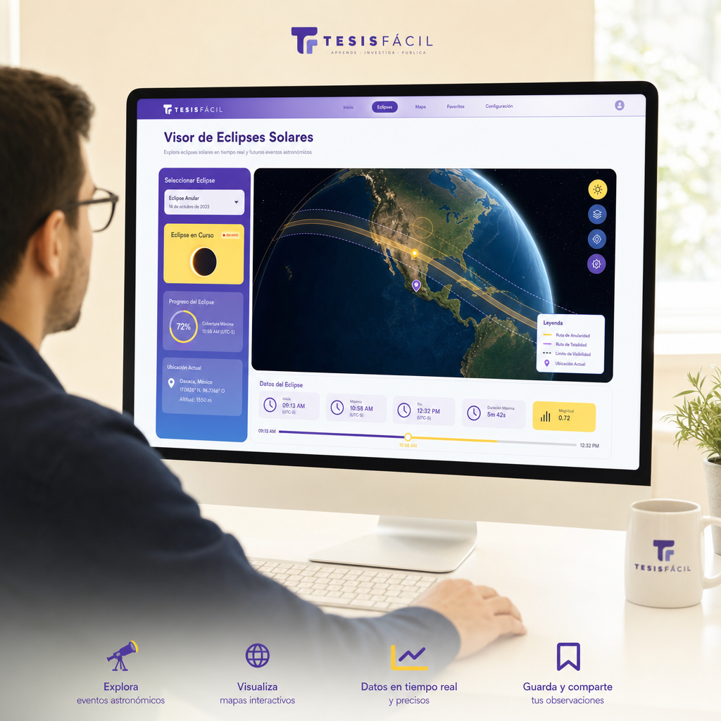 Pantalla de ordenador mostrando el visor web oficial del eclipse solar con gráficos claros y colores institucionales morado y azul