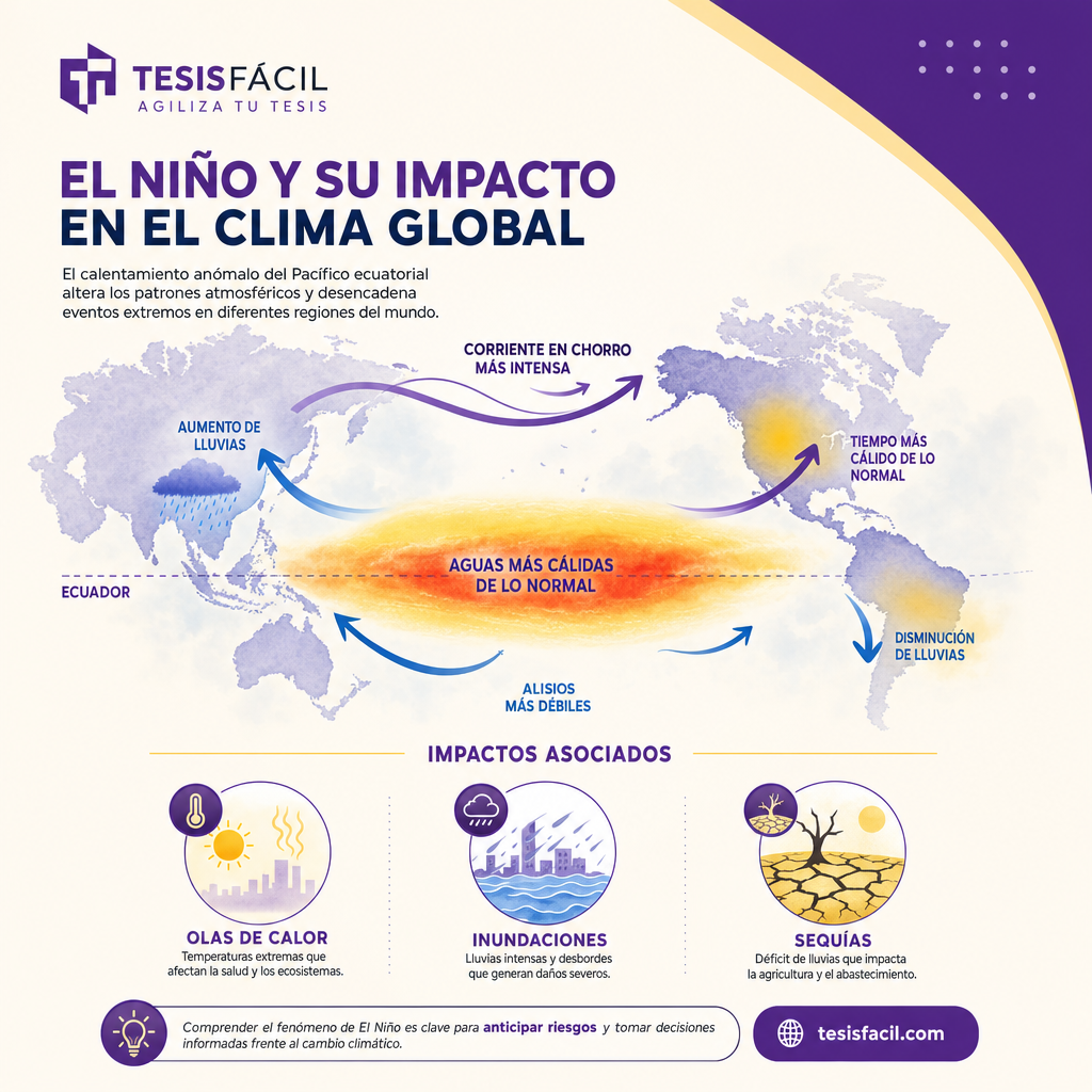 Mapa climático que muestra la intensificación del fenómeno de El Niño y sus efectos en diferentes regiones con fenómenos meteorológicos extremos
