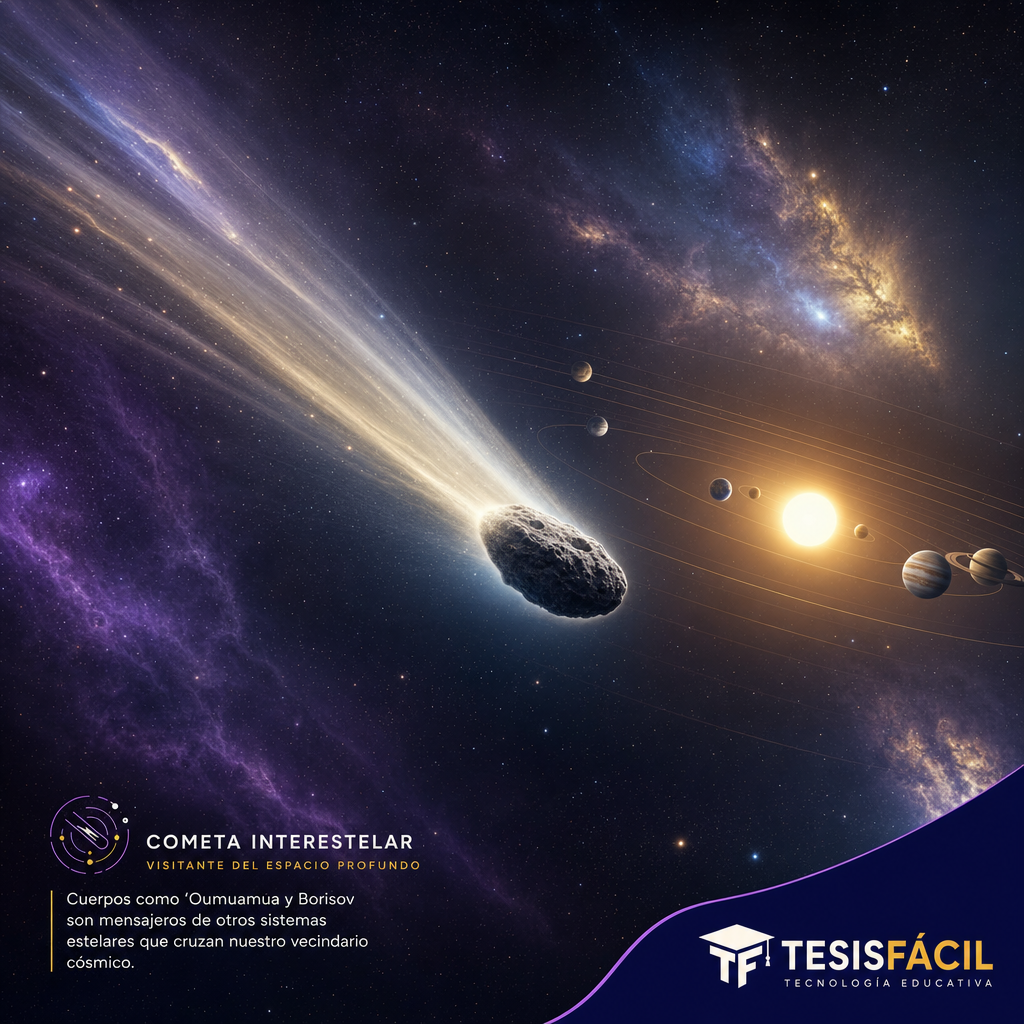 Representación digital del cometa interestelar 3I/ATLAS mostrando su cola y núcleo, destacando su trayectoria hiperbólica al ingresar al Sistema Solar.