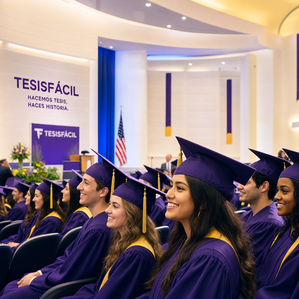 Escena elegante de una ceremonia de graduación en Estados Unidos con estudiantes vestidos con togas y birretes en un auditorio moderno, destacando la ausencia de referencias visuales a inteligencia artificial.