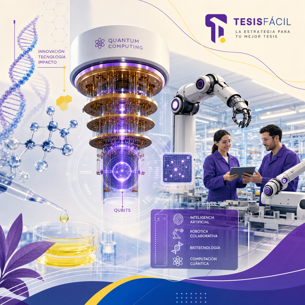 Representación visual de innovaciones tecnológicas en computación cuántica, robótica inteligente y biotecnología para 2026