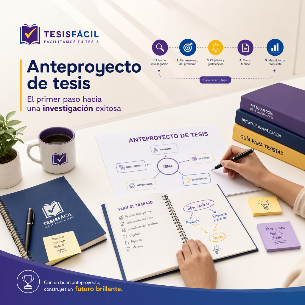 Una mesa de trabajo con documentos, libros y una computadora, representando la elaboración profesional de un anteproyecto de tesis