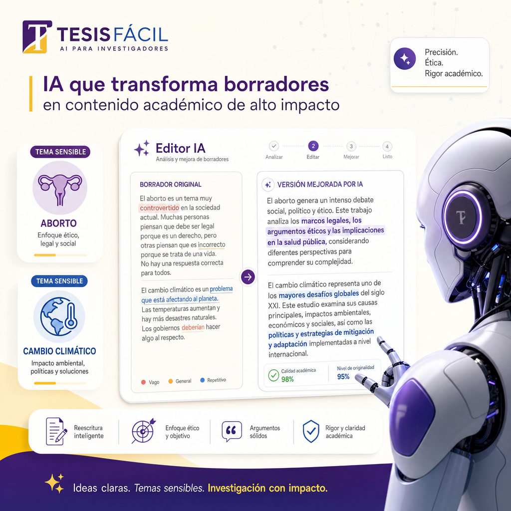 Representación visual de inteligencia artificial transformando borradores de texto sobre temas sensibles como aborto y cambio climático, mostrando una interfaz tecnológica moderna con colores institucionales de TESISFÁCIL.