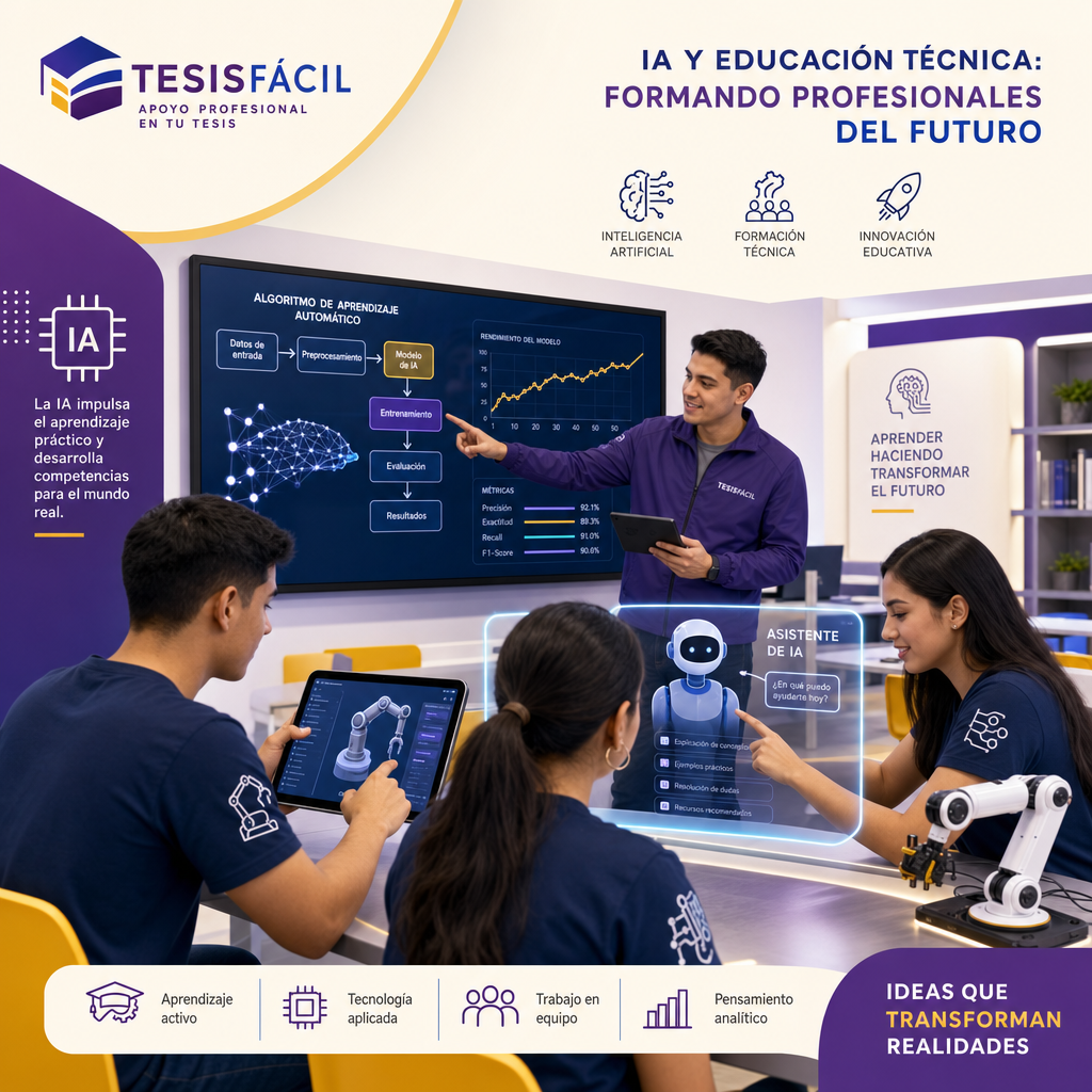 Representación moderna y profesional mostrando la integración de inteligencia artificial en la formación técnica y profesional con elementos tecnológicos y educativos.