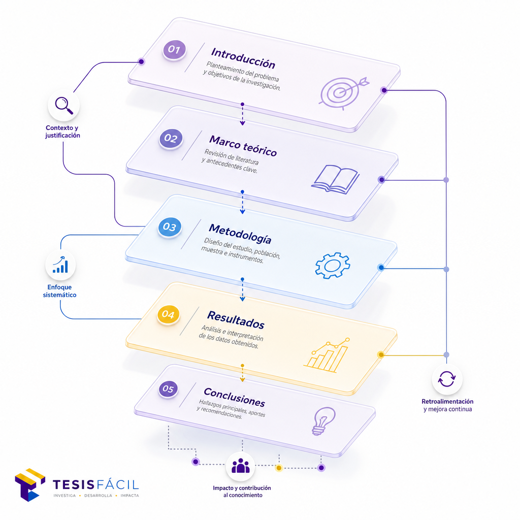 Diagrama conceptual de la estructura documental de una tesis de maestría con capítulos conectados