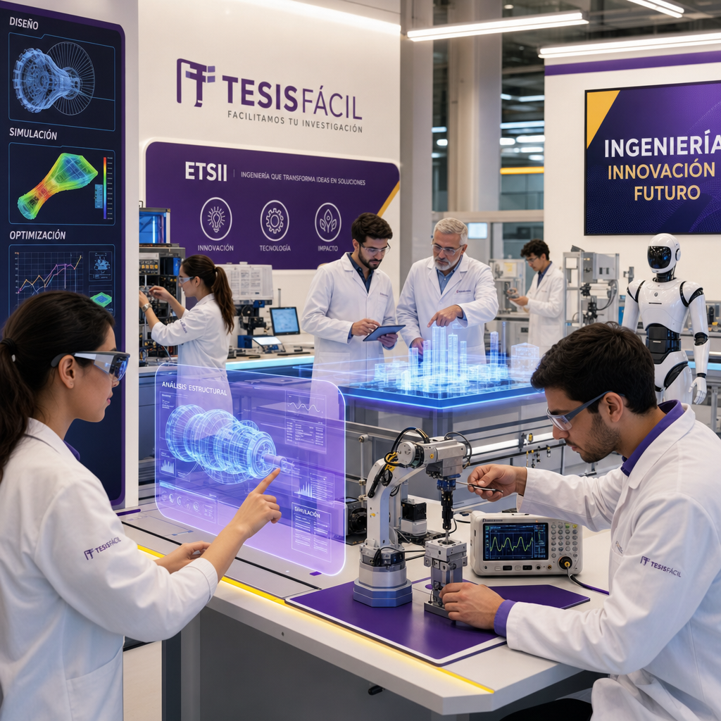 Laboratorio tecnológico moderno en ETSII con investigadores trabajando en proyectos de ingeniería y tecnología avanzada