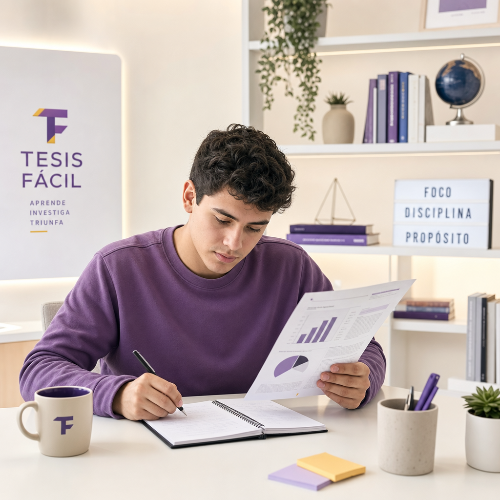 Estudiante universitario revisando documentos y tomando notas para su trabajo de fin de grado en un ambiente moderno y profesional