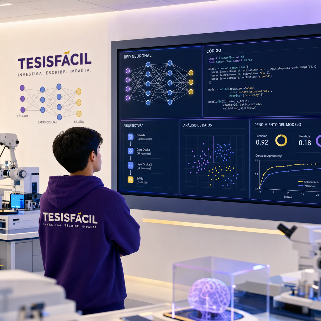 Estudiante frente a pantalla mostrando diagramas de inteligencia artificial y codificación en computadora moderna, representando el grado en ingeniería en inteligencia artificial