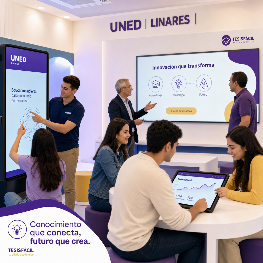 Estudiantes y profesores en aula moderna de la sede UNED en Linares discutiendo temas de ingeniería en inteligencia artificial