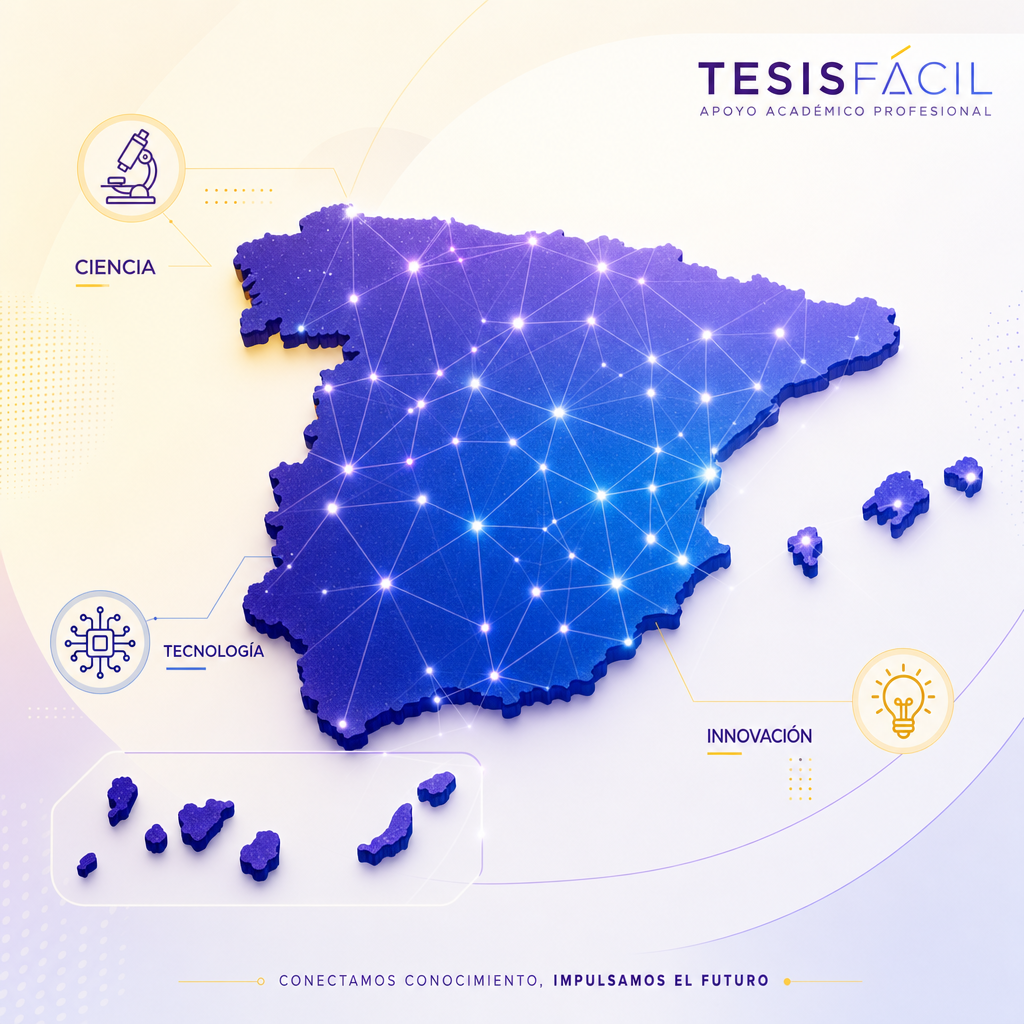 Representación gráfica moderna con elementos abstractos que simbolizan ciencia, tecnología e innovación en España, mostrando conexiones dinámicas entre centros de investigación y empresas innovadoras.