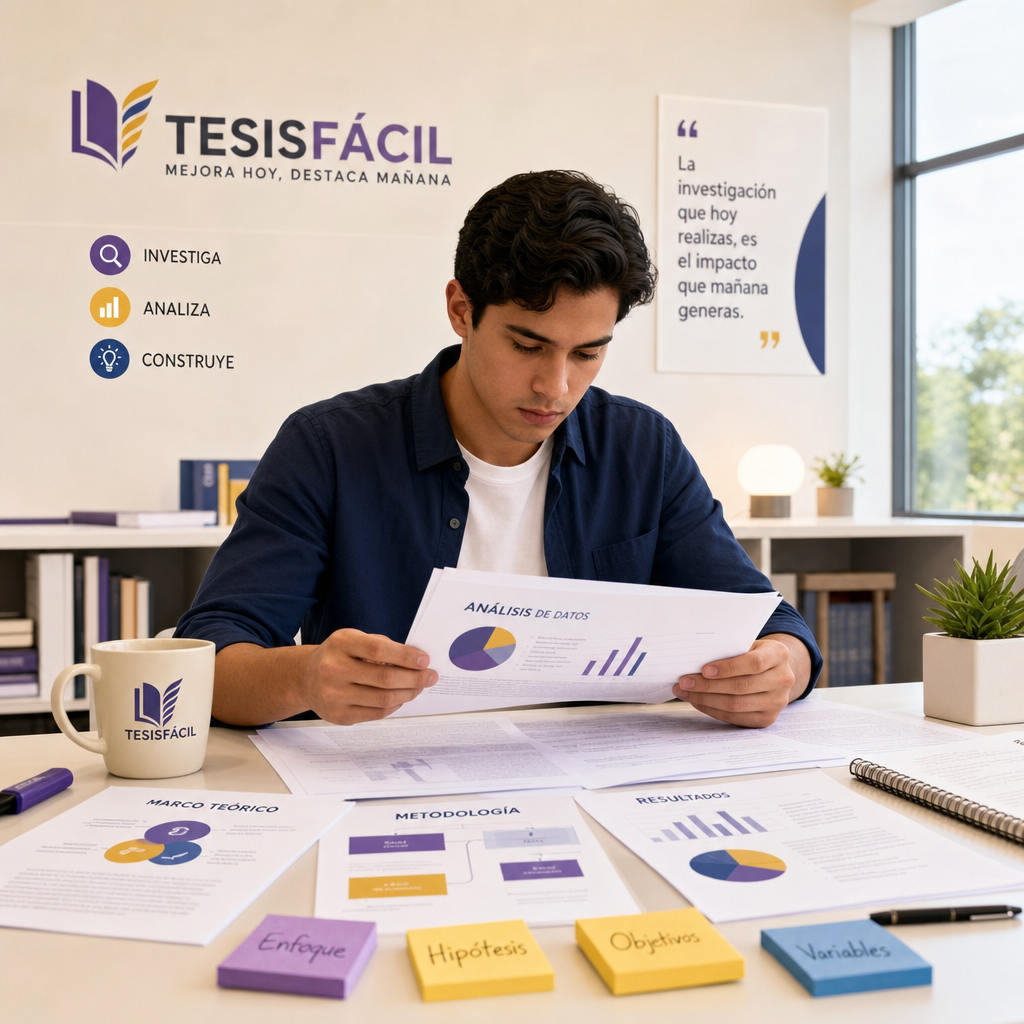 Estudiante universitario entregando un trabajo fin de grado bien estructurado y con material de investigación en una mesa organizada con libros y notas
