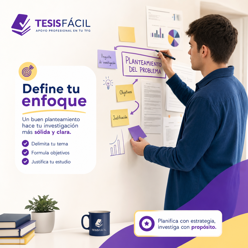 Estudiante universitario concentrado tomando notas y trabajando en su Trabajo de Fin de Grado en un ambiente ordenado y profesional