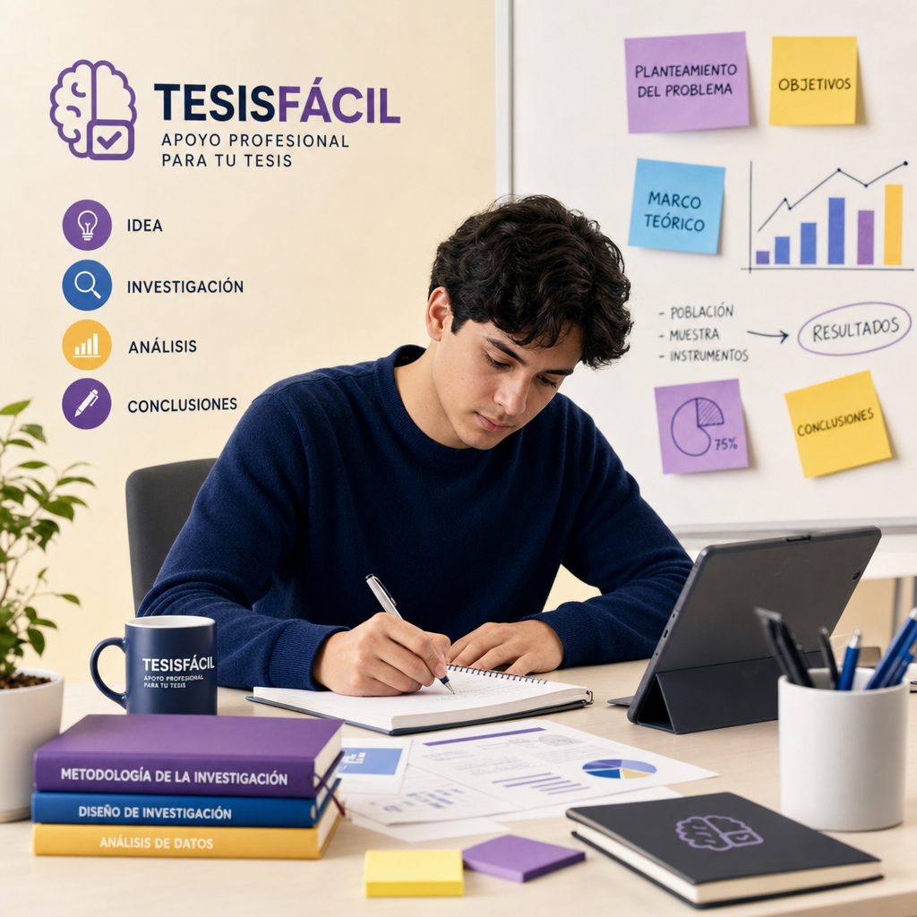 Estudiante universitario elaborando un trabajo fin de grado con documentos y computadora, representando la planificación y desarrollo del trabajo fin de grado