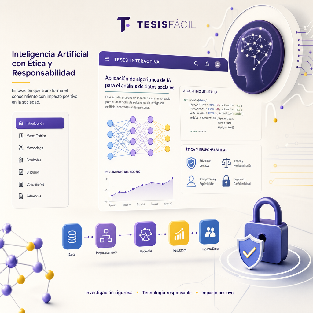 Representación gráfica de una tesis académica digital con integración de inteligencia artificial mostrando análisis y ética en la investigación