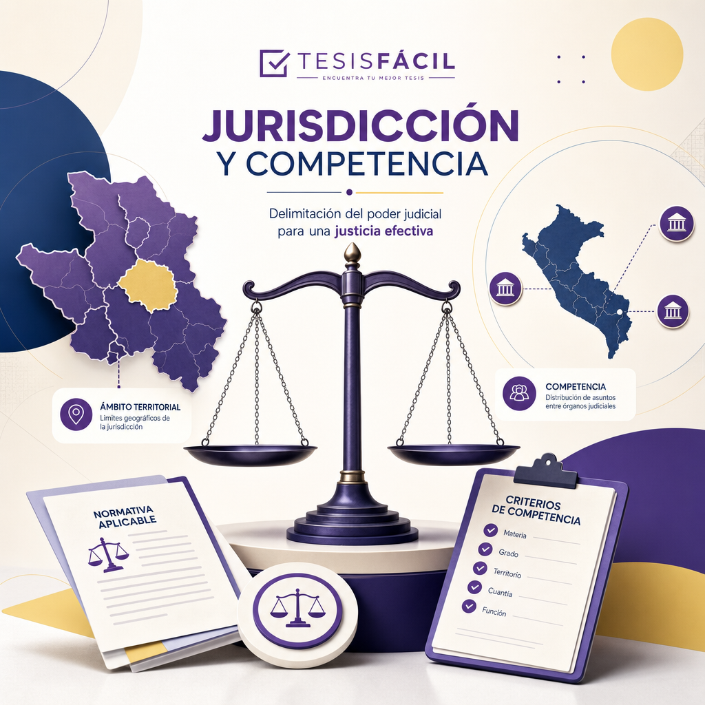 Representación gráfica del concepto de jurisdicción y competencia en el sistema judicial con símbolos de balanza y mapas judiciales