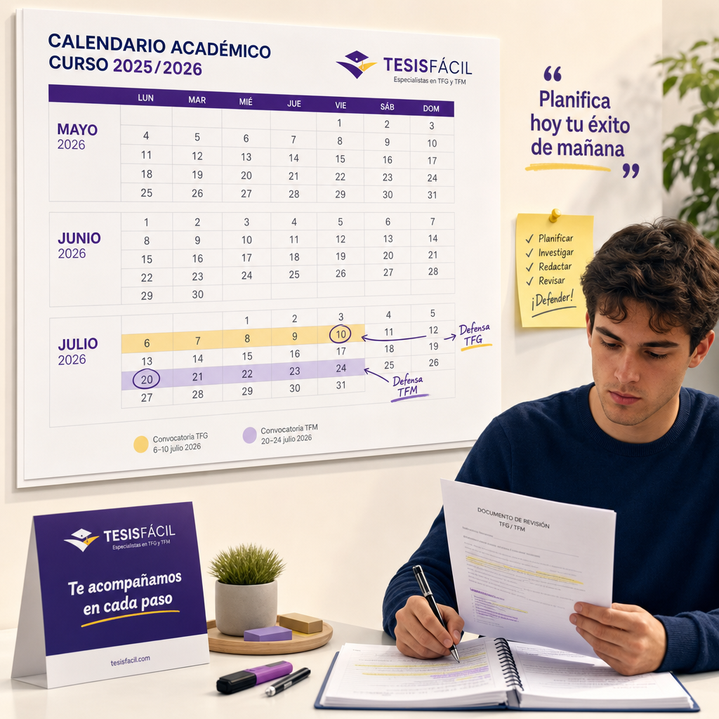 Calendario académico con fechas destacadas para la defensa del TFG y TFM en Julio 2026 junto a un estudiante revisando documentos.