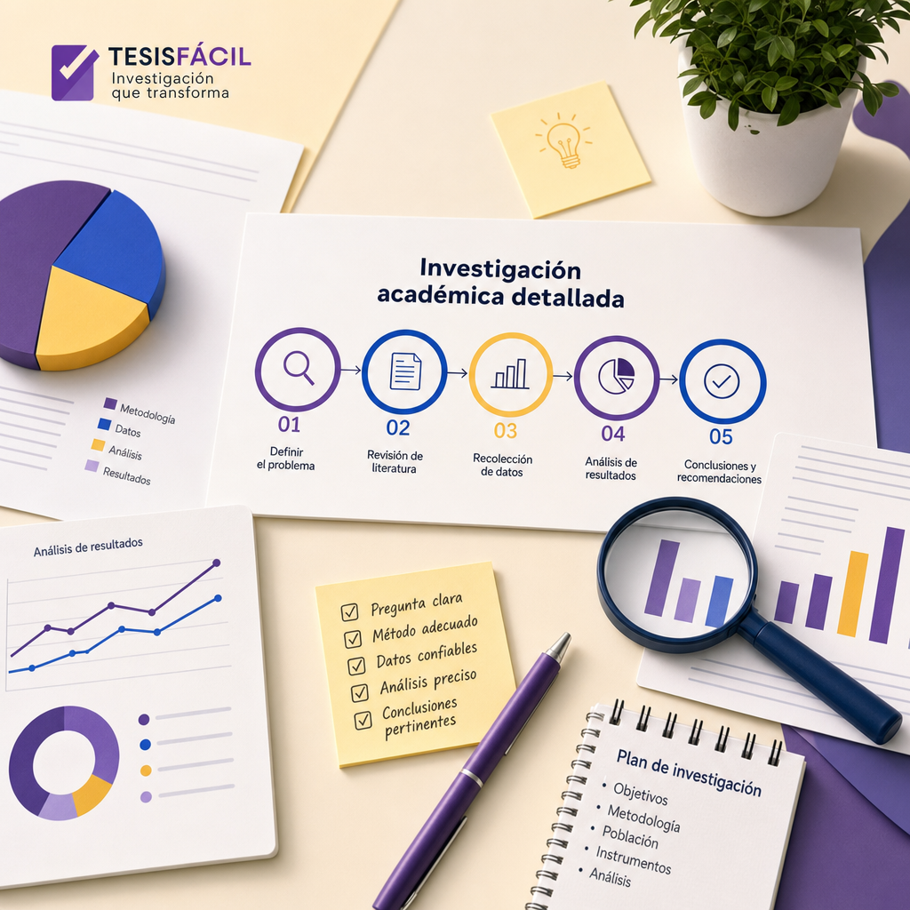 Una representación visual profesional de un proceso de investigación académica con gráficos, documentos y análisis, que ilustra la elaboración de un trabajo de investigación.