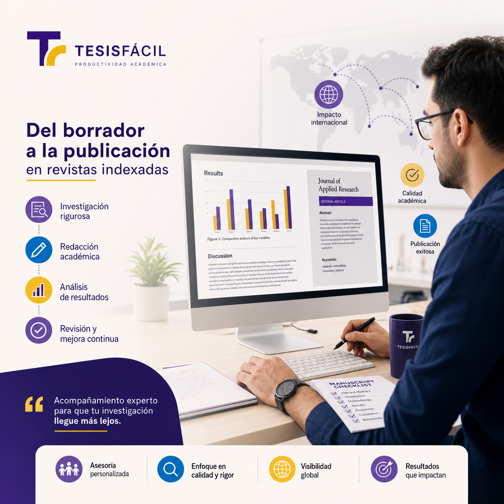 Investigador redactando un artículo científico para transformar una tesis en publicación internacional con entornos digitales y documentos científicos visibles