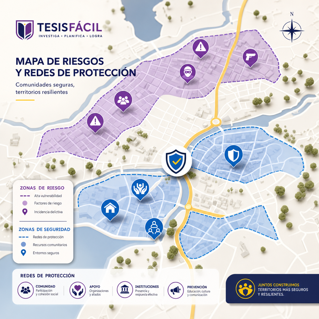 Mapa detallado con señalizaciones de zonas de riesgo y seguridad en la prevención del feminicidio mediante cartografía social, mostrando información territorial y comunitaria en un diseño moderno institucional.