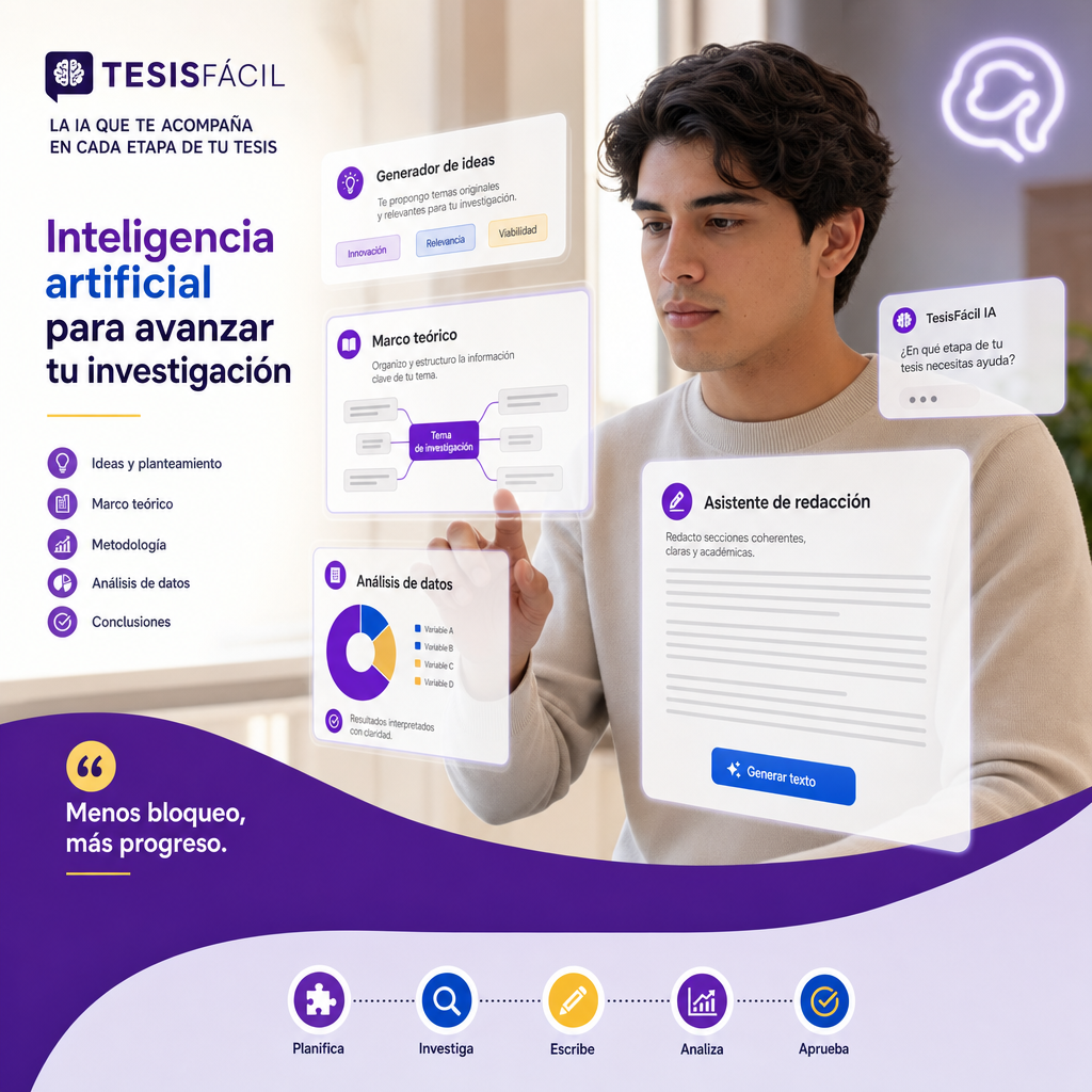 Representación profesional de un estudiante utilizando inteligencia artificial para redactar una tesis académica, enfocándose en herramientas gratuitas y estrategias éticas en 2024