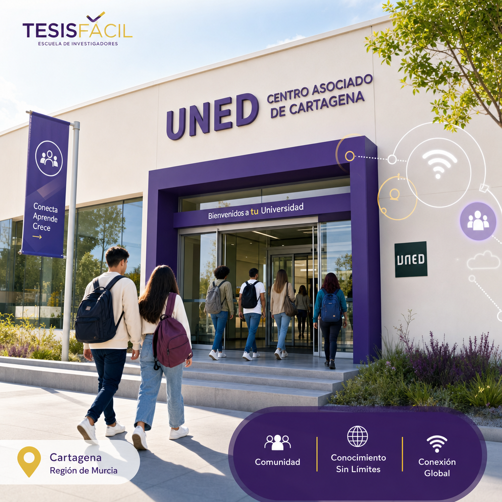 Edificio moderno del Centro Asociado de la UNED en Cartagena con estudiantes ingresando y ambiente de aprendizaje digital