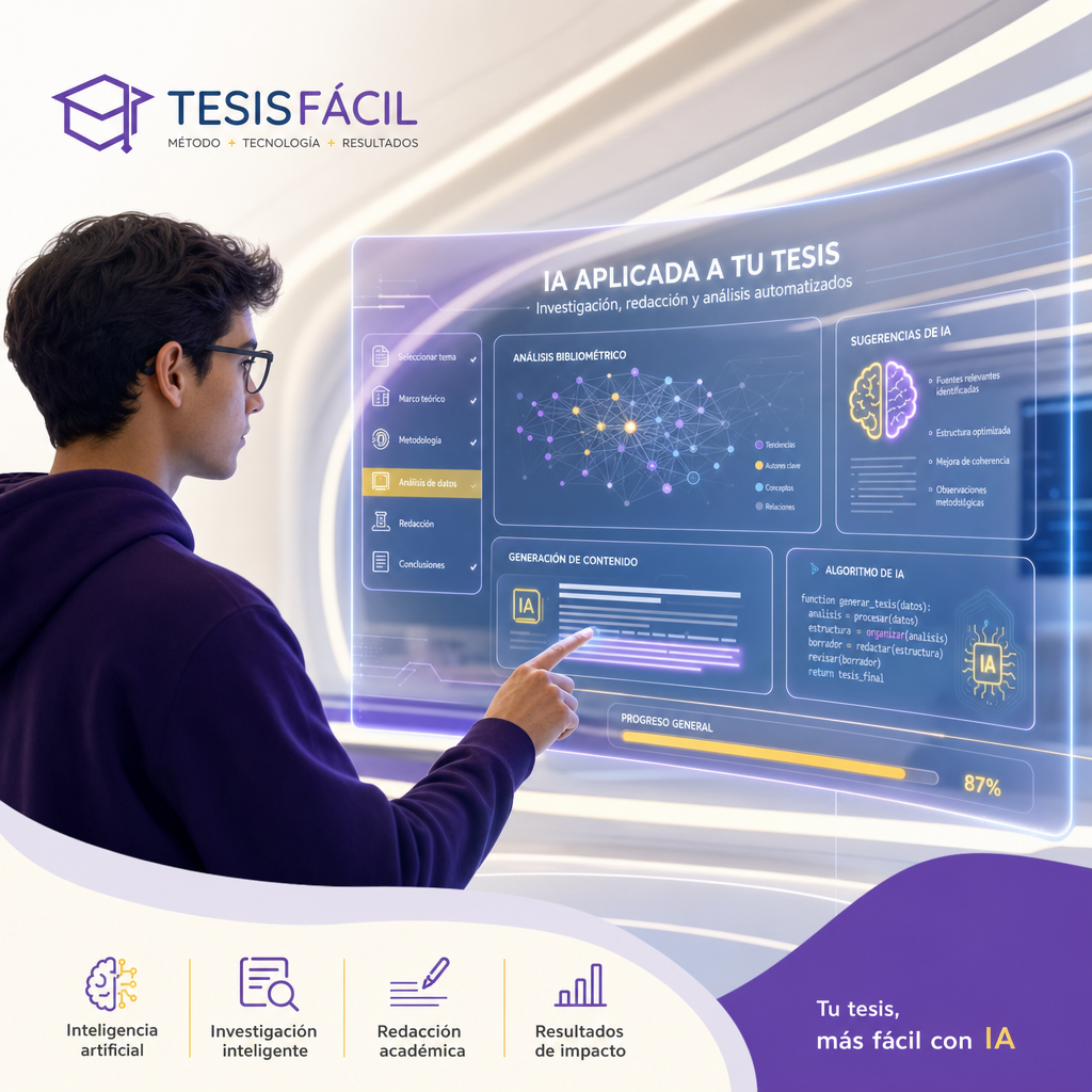 Ilustración moderna de un estudiante interactuando con una inteligencia artificial para la elaboración de una tesis, combinando elementos académicos y tecnológicos.