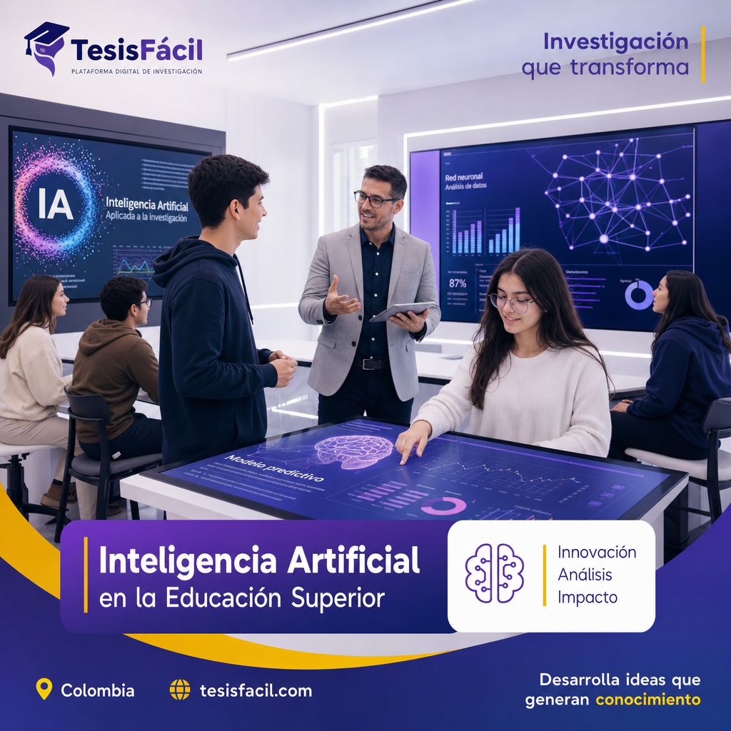 Pantalla digital mostrando datos y gráficos relacionados con inteligencia artificial en un aula universitaria moderna en Colombia
