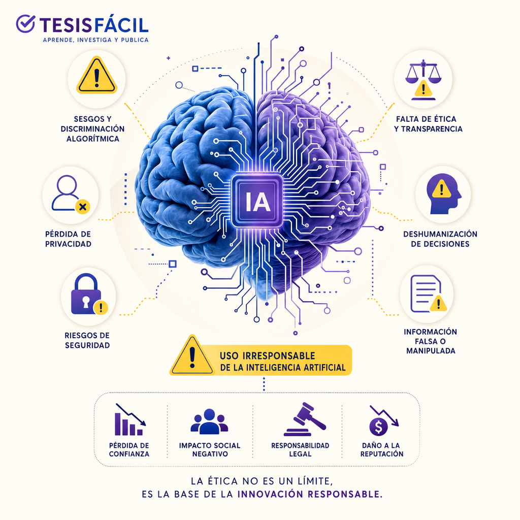 Representación visual de inteligencia artificial con íconos de advertencia y señales de mal uso explicando desafíos tecnológicos y éticos en 2024