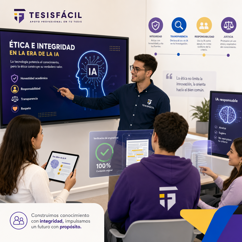 Representación de estudiantes y docentes interactuando en un ambiente educativo digital, resaltando el concepto de integridad académica en tiempos de inteligencia artificial