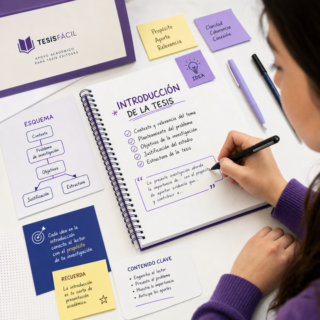 Proceso de redacción de una introducción para tesis con esquema y notas organizadas sobre mesa profesional