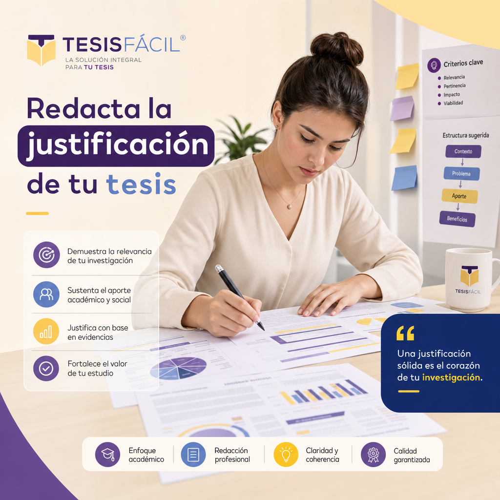 Ilustración de una persona escribiendo una justificación de tesis, rodeada de libros y gráficos que representan análisis y argumentación, reflejando la importancia del proceso para fortalecer una investigación académica