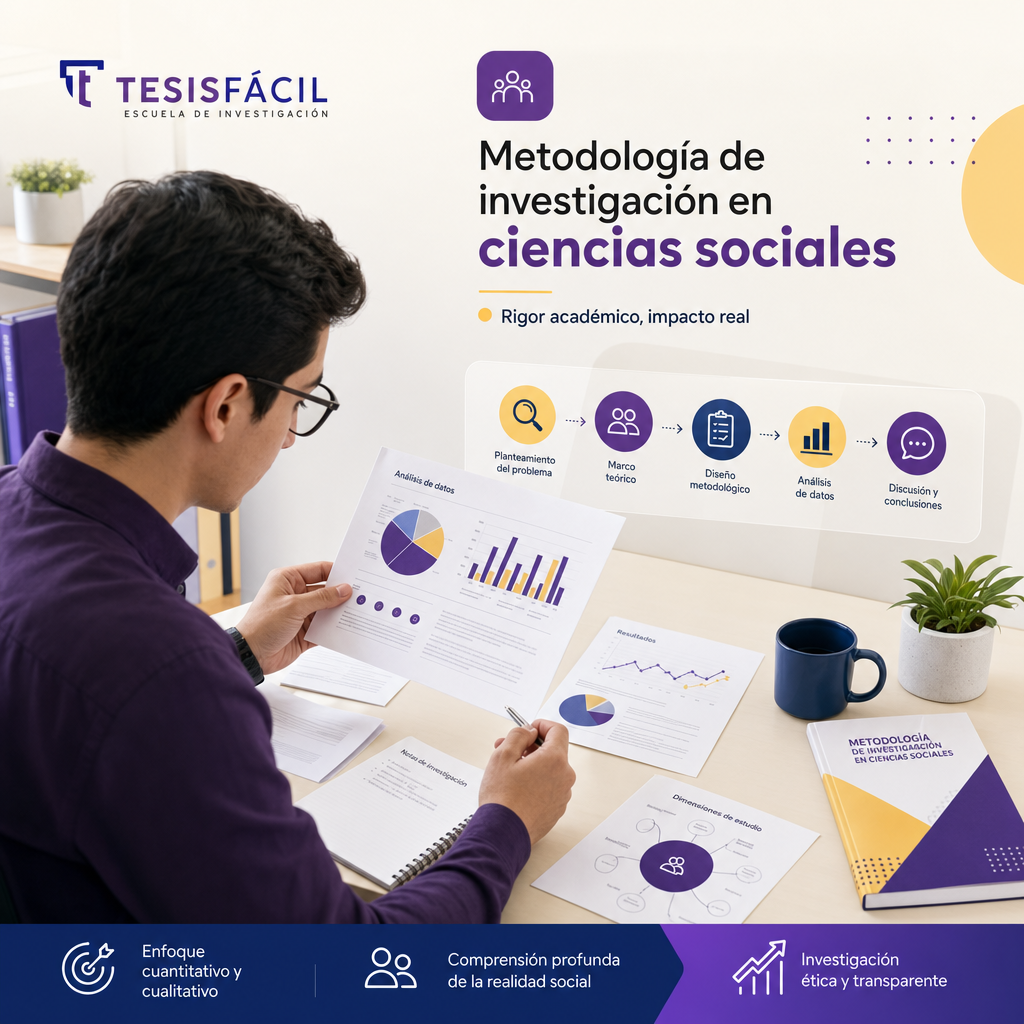 Investigador analizando gráficos y documentos en un entorno profesional, representando la metodología de investigación en ciencias sociales