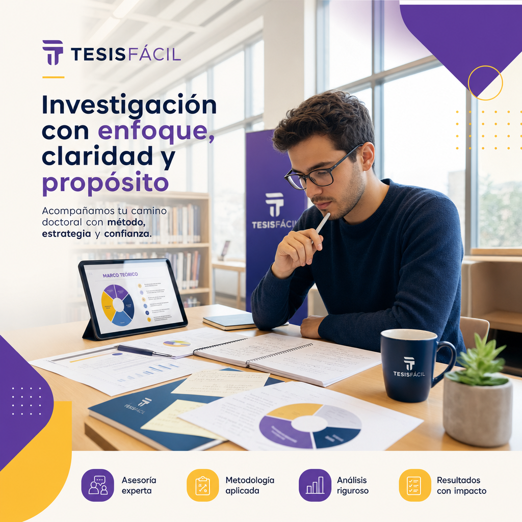 Investigador doctoral estudiando y redactando una tesis doctoral en un ambiente académico profesional