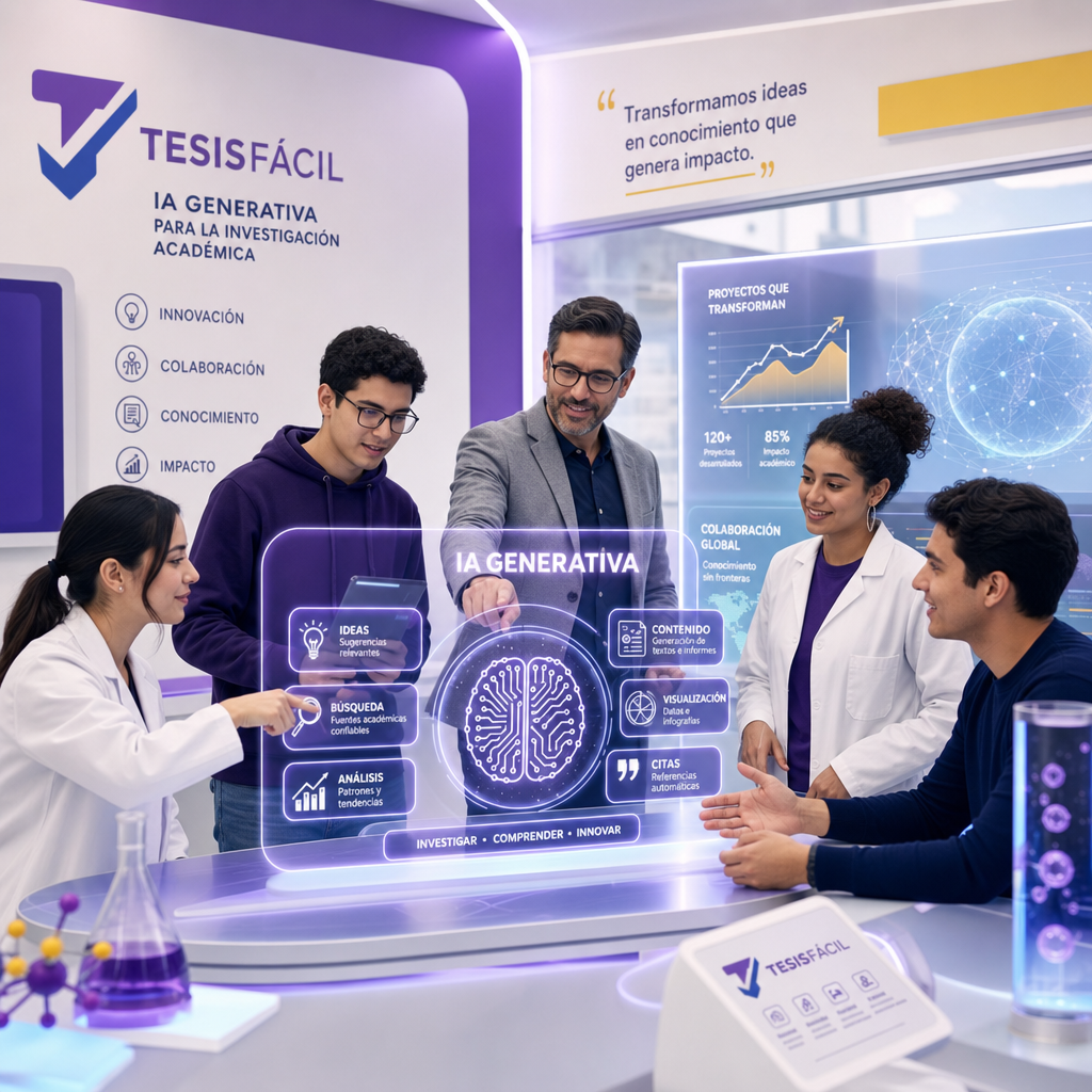 Representación gráfica de la inteligencia artificial generativa en un entorno educativo y de investigación mostrando interacciones entre humanos y tecnología avanzada.