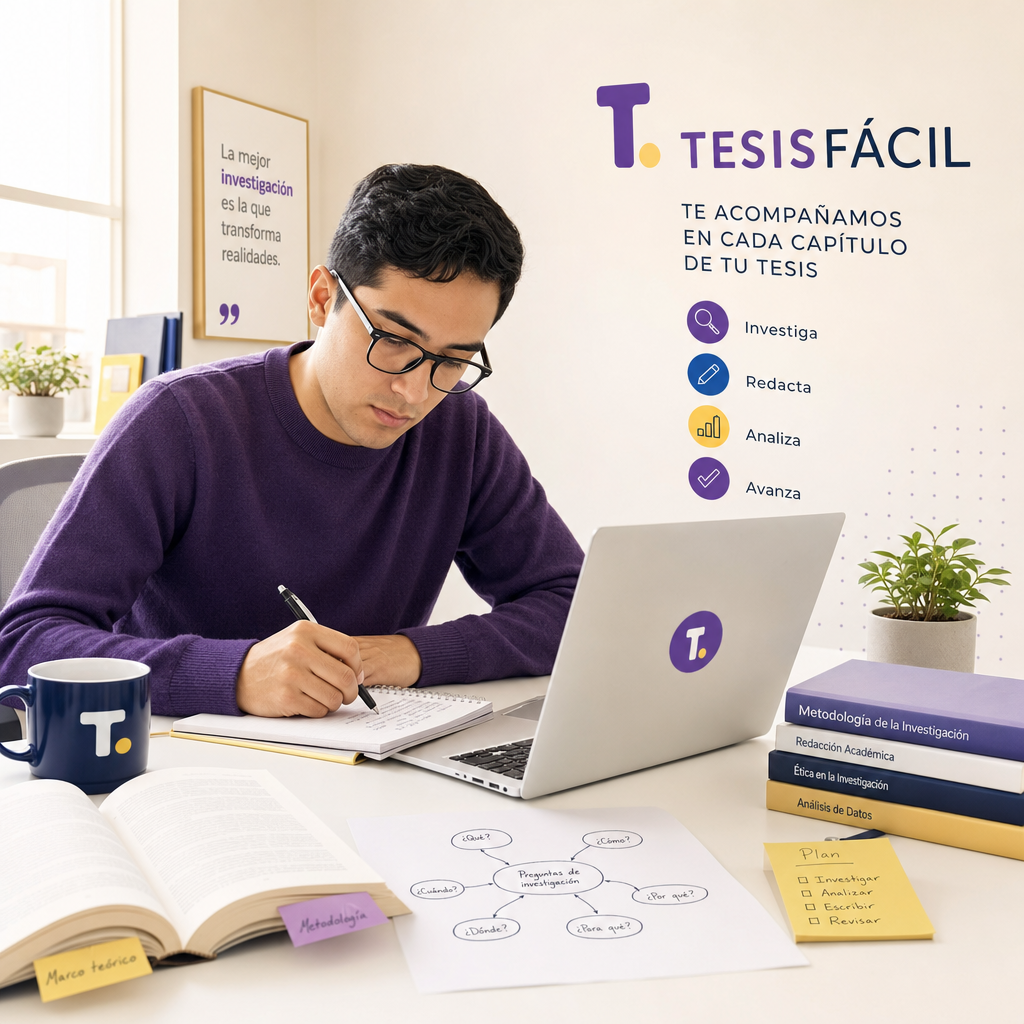 Estudiante profesional trabajando en la elaboración de una tesis de posgrado con libros y computadora en un ambiente de estudio organizado