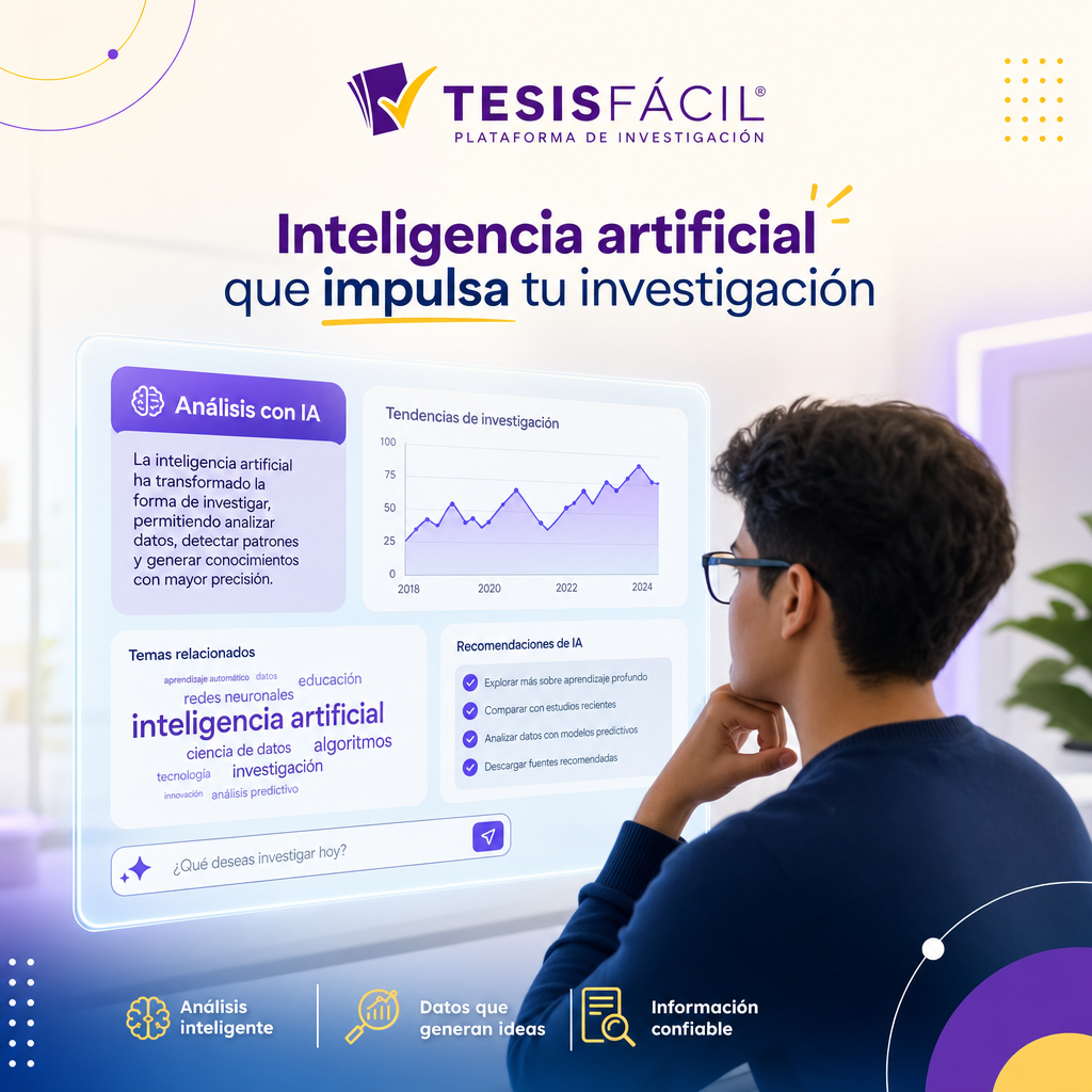 Estudiante utilizando inteligencia artificial para redactar y analizar datos en un proyecto académico de TFG en un ambiente profesional y moderno