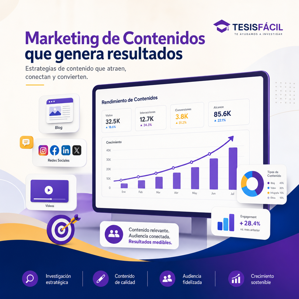 Representación gráfica de estrategias de marketing de contenidos con iconos de redes sociales, gráficos de crecimiento y creación de contenido digital