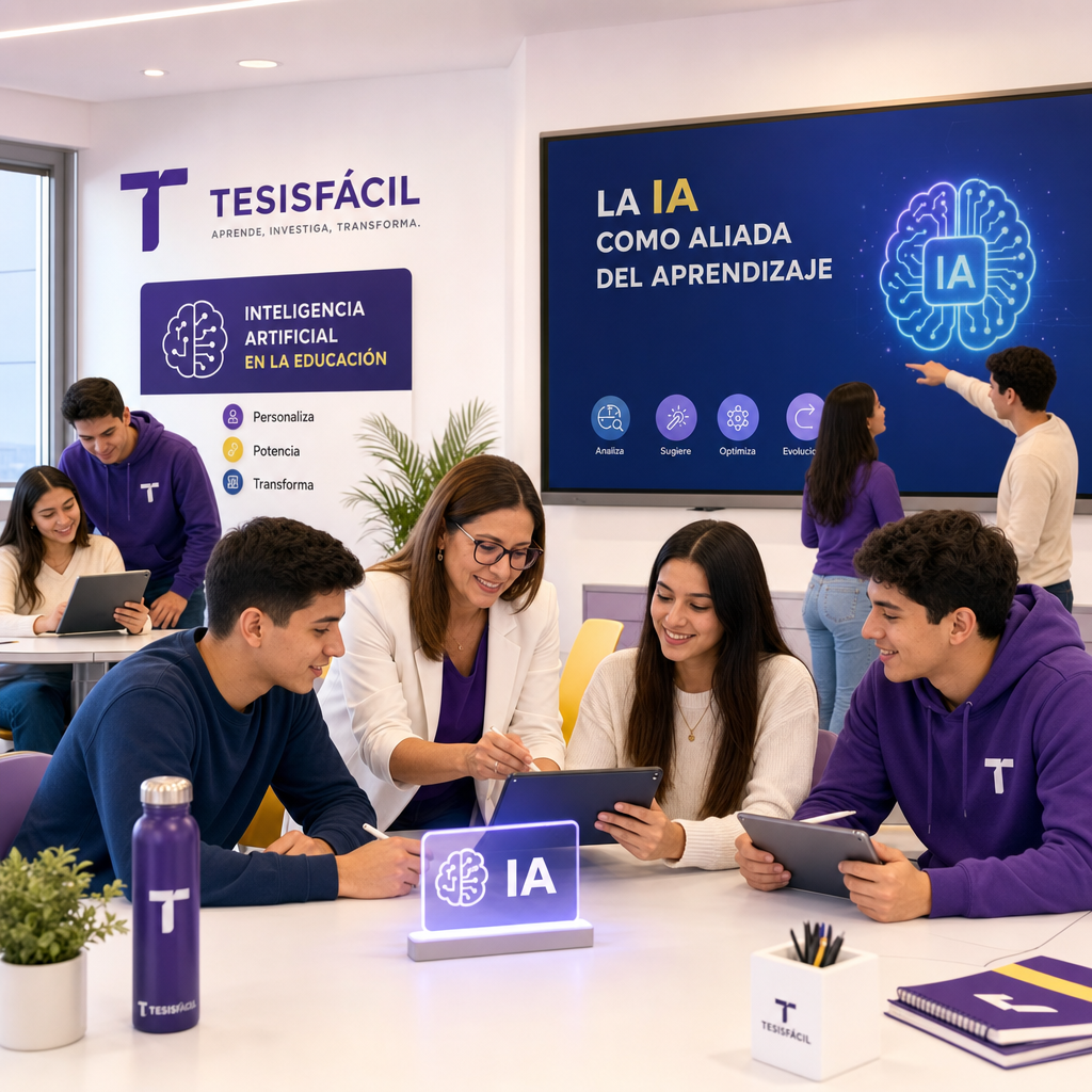 Estudiantes y profesores en aula universitaria moderna utilizando tecnología avanzada para integrar inteligencia artificial en su aprendizaje y enseñanza.