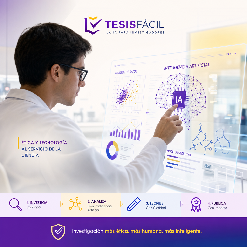 Ilustración de un investigador interactuando con una interfaz digital representando la aplicación ética de la inteligencia artificial en la redacción científica
