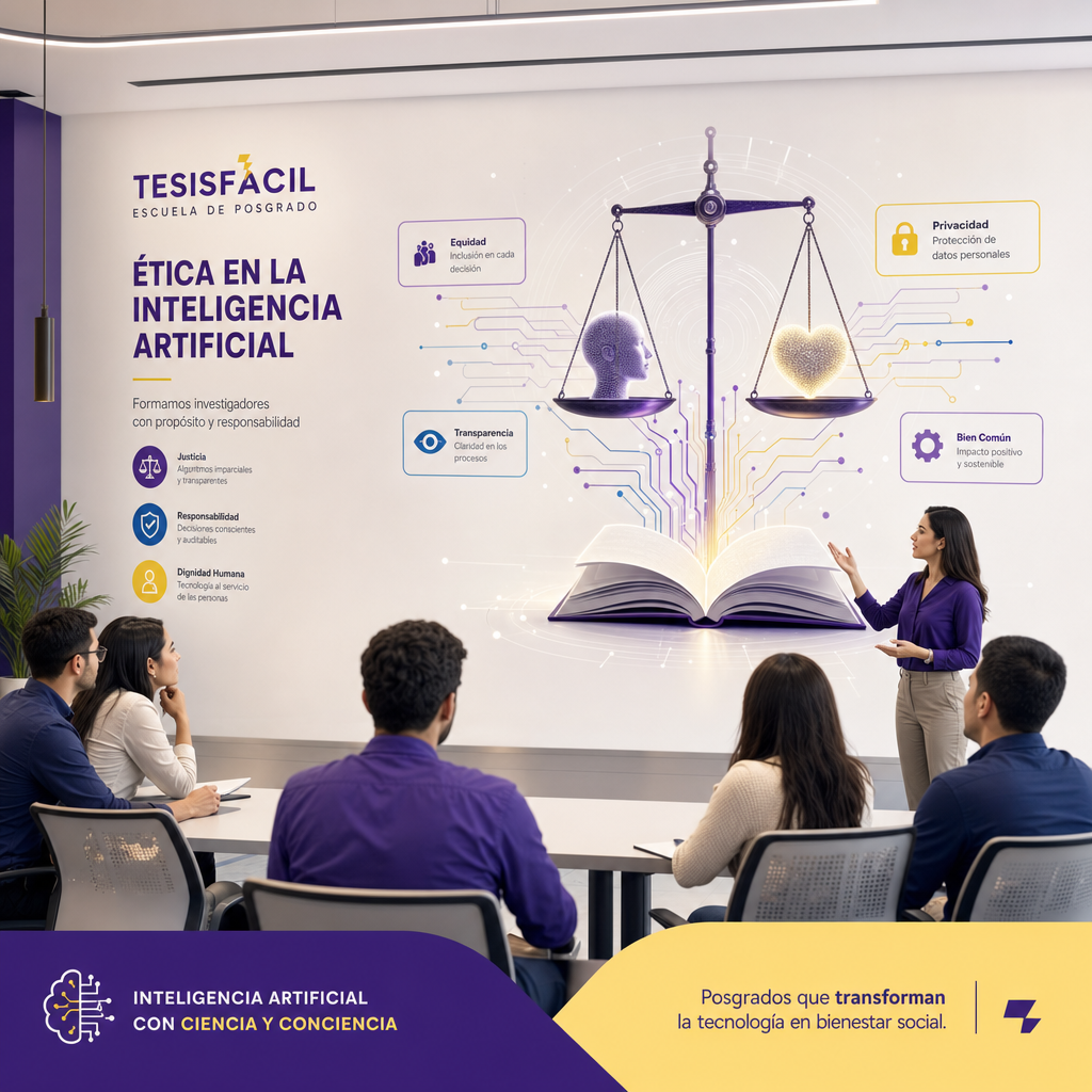 Representación abstracta de inteligencia artificial ética en un entorno académico de posgrado, con símbolos de tecnología, ética y educación integrados en colores institucionales de tonos morados, azul y amarillo suave.