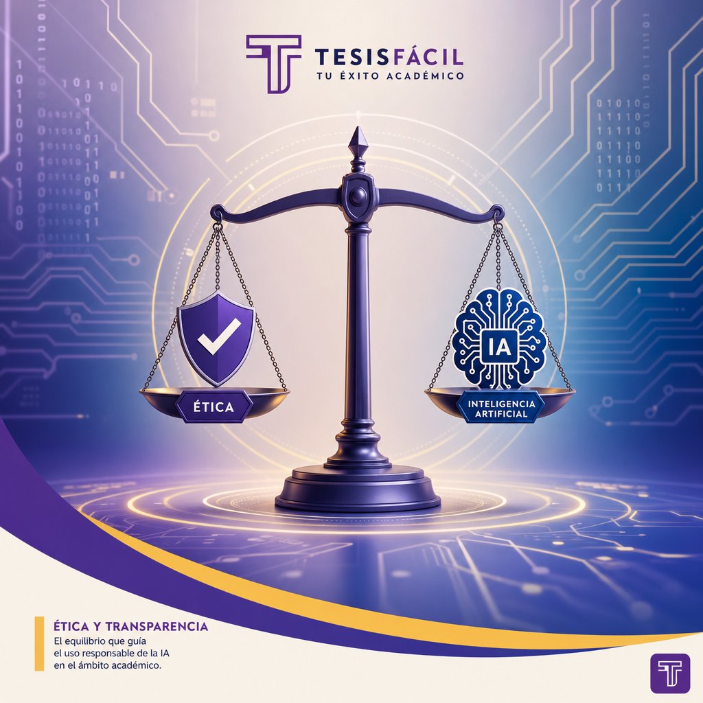 Concepto visual de ética y transparencia en el uso de inteligencia artificial en publicaciones académicas, con símbolos de balanza y circuitos digitales, representando equidad y tecnología responsable