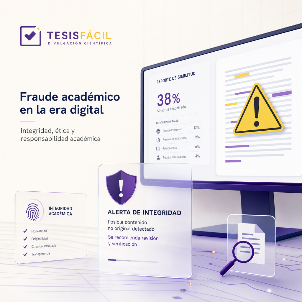 Representación conceptual de fraude académico en la era digital con imágenes de pantallas y documentos en un entorno educativo.