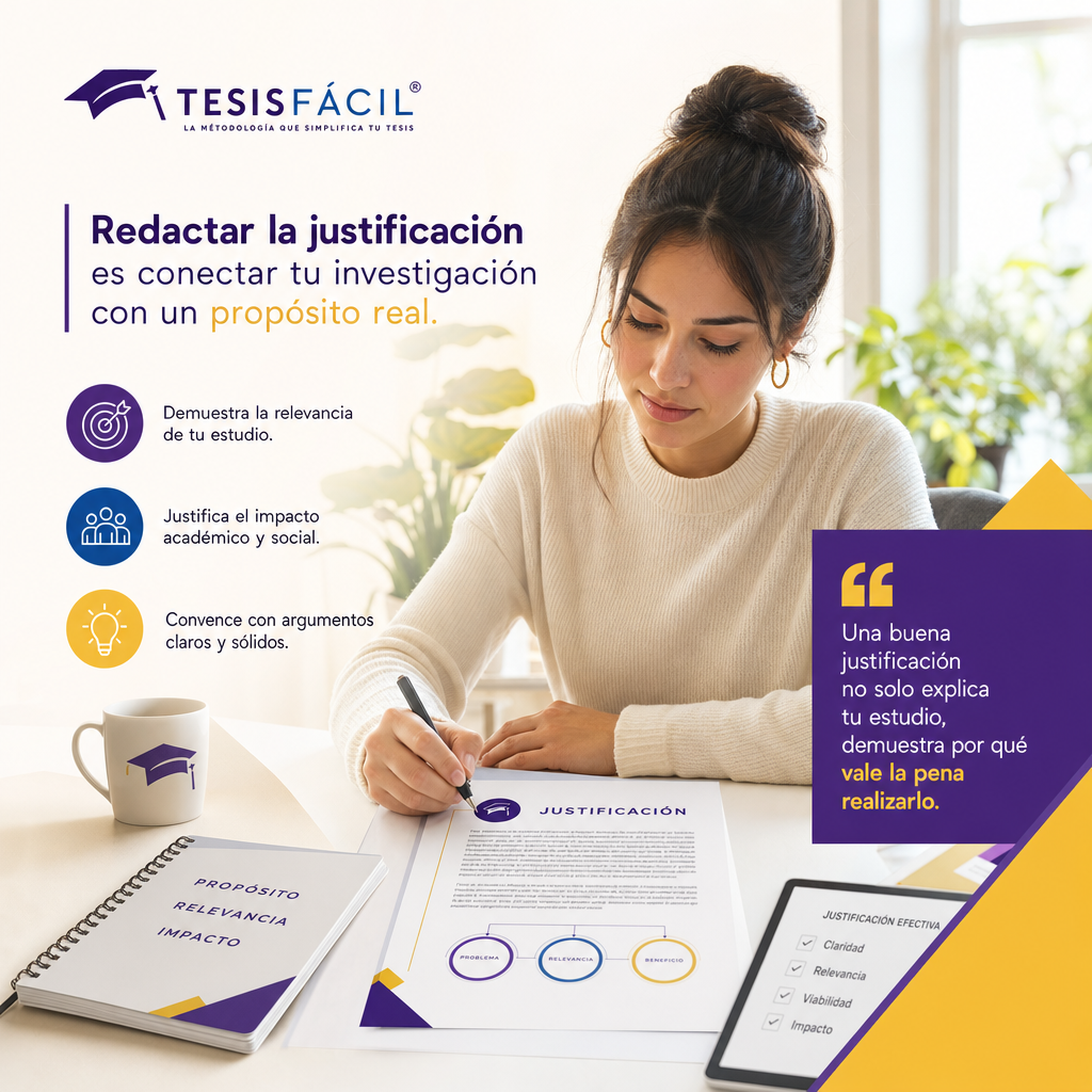 Persona redactando la justificación de un proyecto de investigación con documentos y computadora en un ambiente profesional